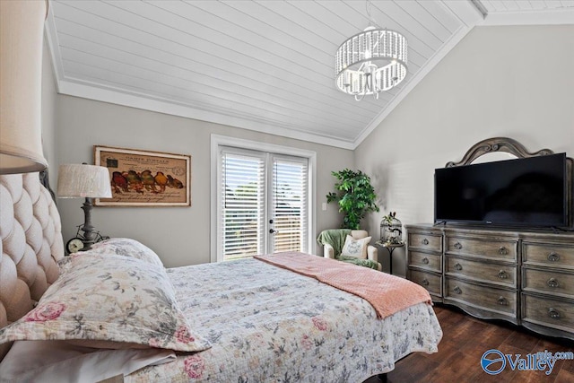 bedroom with an inviting chandelier, dark wood finished floors, crown molding, access to exterior, and lofted ceiling