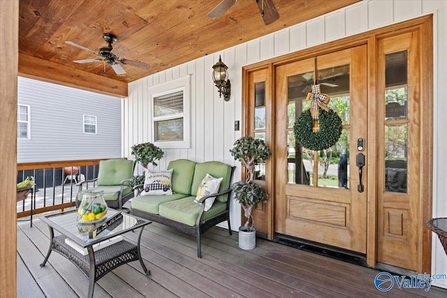 exterior space featuring french doors, an outdoor living space, and a ceiling fan