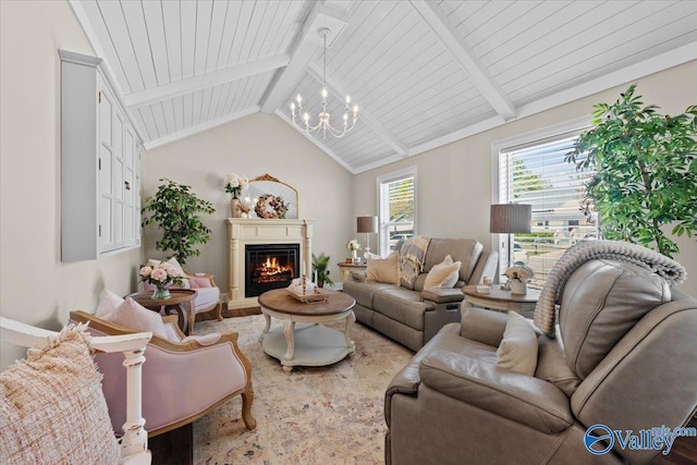 living area featuring vaulted ceiling with beams, a lit fireplace, an inviting chandelier, and wood finished floors