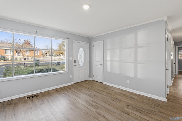 foyer featuring plenty of natural light, wood-type flooring, and crown molding