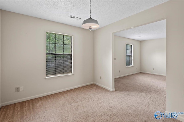 empty room with light colored carpet and a textured ceiling