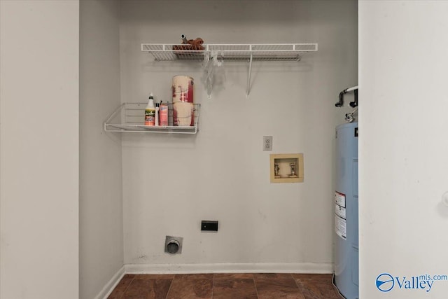 laundry area with electric dryer hookup, hookup for a washing machine, and water heater