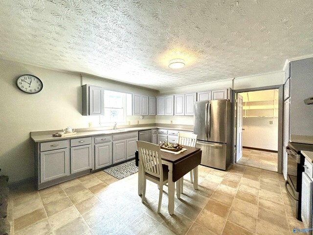 kitchen with light countertops, gray cabinets, baseboards, a sink, and appliances with stainless steel finishes