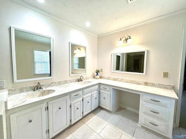 bathroom featuring double vanity, ornamental molding, a sink, and a textured ceiling