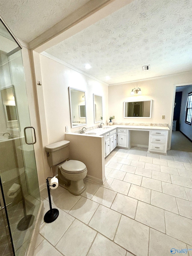bathroom featuring double vanity, ornamental molding, a sink, and a stall shower