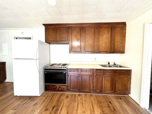 kitchen featuring a sink, freestanding refrigerator, range with electric cooktop, light wood-style floors, and ornamental molding