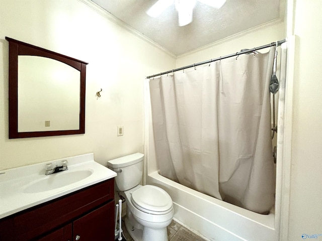 bathroom with vanity, crown molding, shower / tub combo, toilet, and a textured ceiling