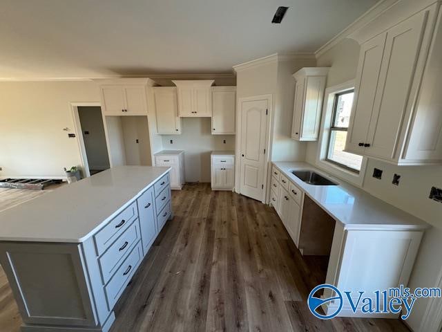 kitchen featuring dark hardwood / wood-style flooring, crown molding, sink, white cabinets, and a center island