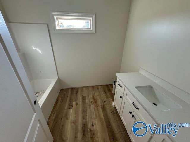 bathroom featuring hardwood / wood-style flooring and vanity