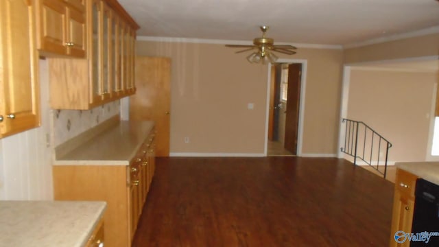 kitchen with ceiling fan, crown molding, dishwasher, and dark wood-type flooring