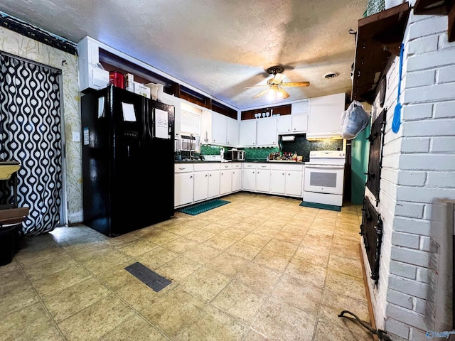 kitchen with white cabinets, black fridge, ceiling fan, a textured ceiling, and white range with electric stovetop