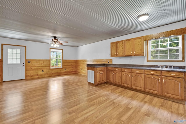 1073 6th St S, Sylvania, AL 35988 - kitchen with wainscoting, dark countertops, a ceiling fan, brown cabinetry, and light wood-style flooring