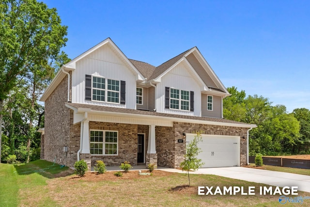 craftsman house with a garage, a front lawn, and covered porch