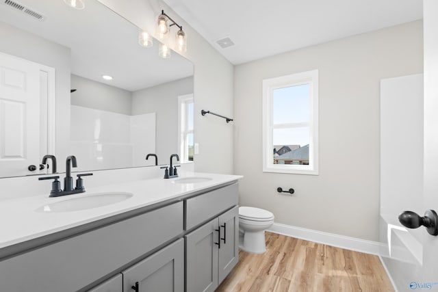 bathroom featuring vanity, hardwood / wood-style floors, and toilet