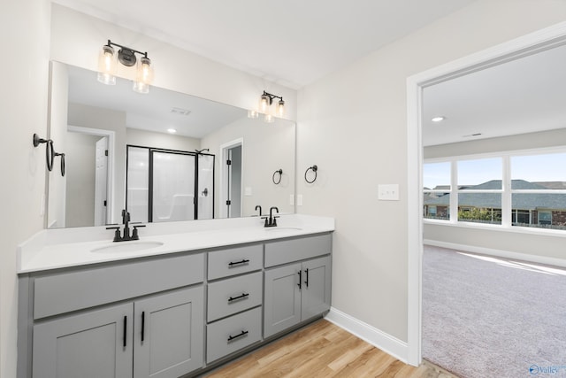 bathroom with vanity, a mountain view, a shower with shower door, and wood-type flooring