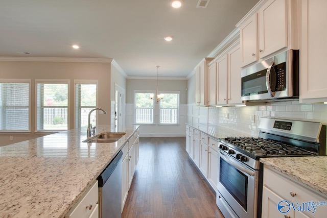 kitchen with sink, dark hardwood / wood-style flooring, appliances with stainless steel finishes, decorative backsplash, and crown molding