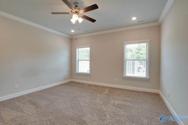 carpeted empty room featuring ceiling fan, ornamental molding, and a healthy amount of sunlight