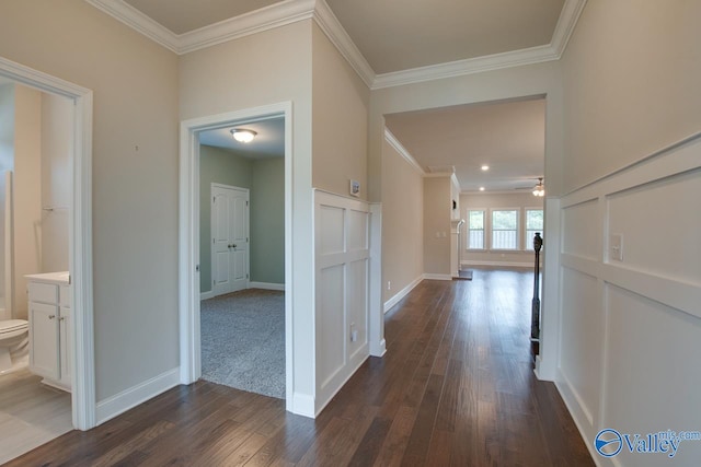 hallway with crown molding and carpet flooring