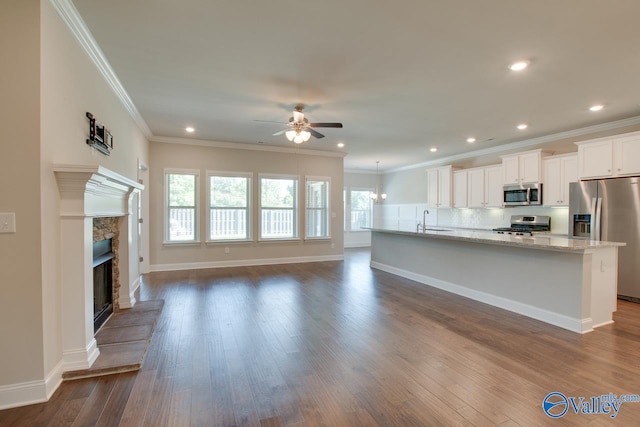 kitchen with dark hardwood / wood-style flooring, white cabinetry, appliances with stainless steel finishes, and a healthy amount of sunlight