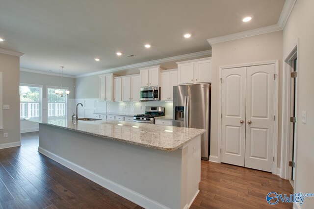 kitchen featuring sink, stainless steel appliances, a large island with sink, and dark hardwood / wood-style flooring