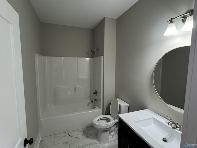 full bathroom with shower / bathtub combination, vanity, and toilet