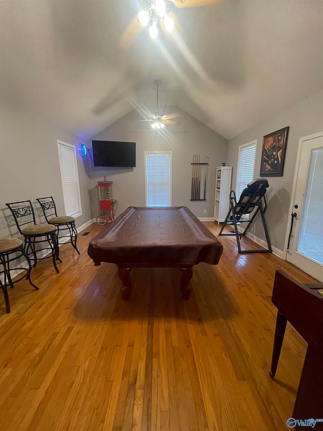 recreation room with light wood-type flooring, billiards, lofted ceiling, and ceiling fan