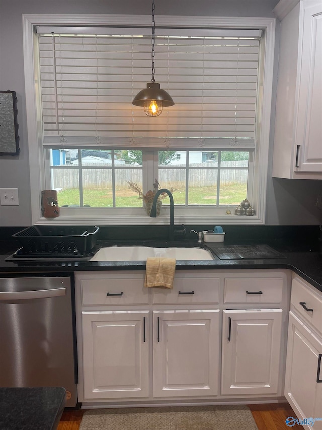 kitchen with white cabinetry, plenty of natural light, stainless steel dishwasher, and wood-type flooring