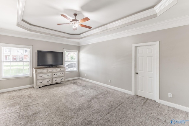 238 Riverwalk Trl, New Market, AL 35716 - unfurnished bedroom featuring a tray ceiling, ornamental molding, carpet flooring, and ceiling fan