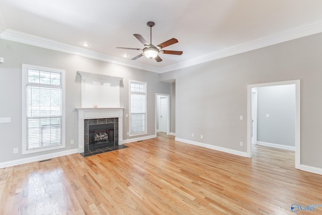 238 Riverwalk Trl, New Market, AL 35716 - unfurnished living room featuring a ceiling fan, crown molding, a fireplace, light wood-style flooring, and recessed lighting