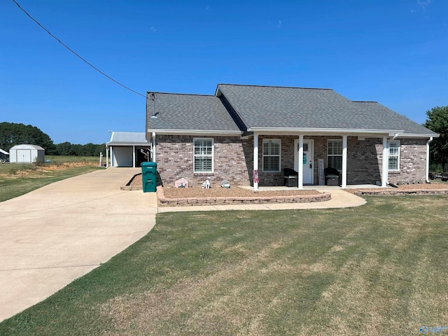 view of front of home with concrete driveway, an attached carport, roof with shingles, a front yard, and brick siding