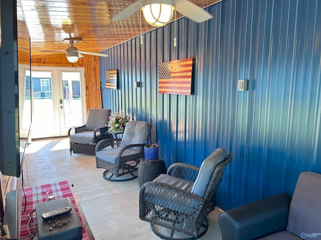 interior space featuring ceiling fan, wooden ceiling, and french doors