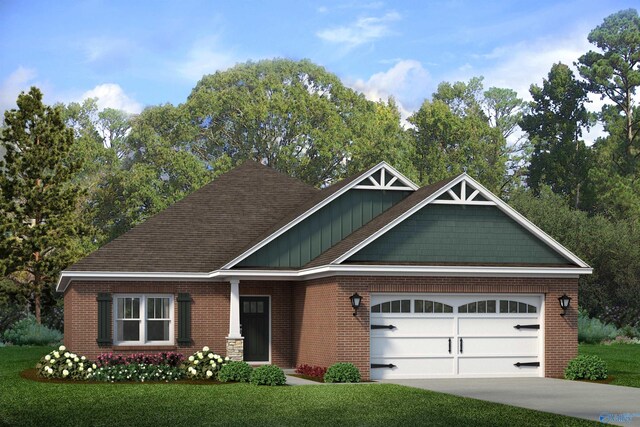 craftsman inspired home with a garage and a front yard