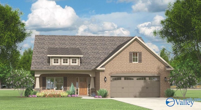 view of front of property featuring a porch, a garage, and a front lawn