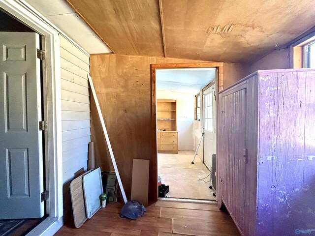 hallway with wooden walls and wood finished floors