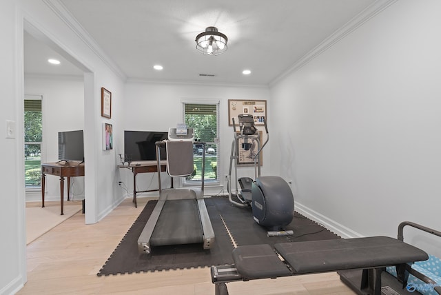 24961 Capshaw Rd, Athens, AL 35613 - exercise room with crown molding, light wood-style floors, and recessed lighting