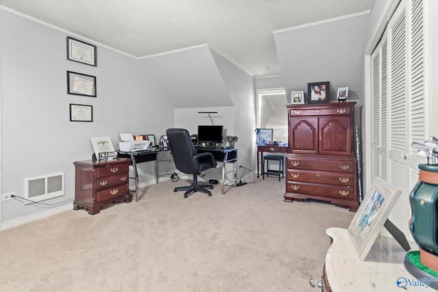 office space with visible vents, crown molding, and carpet