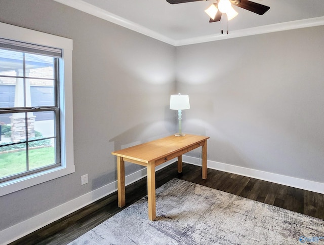 home office with ceiling fan, ornamental molding, dark hardwood / wood-style floors, and plenty of natural light