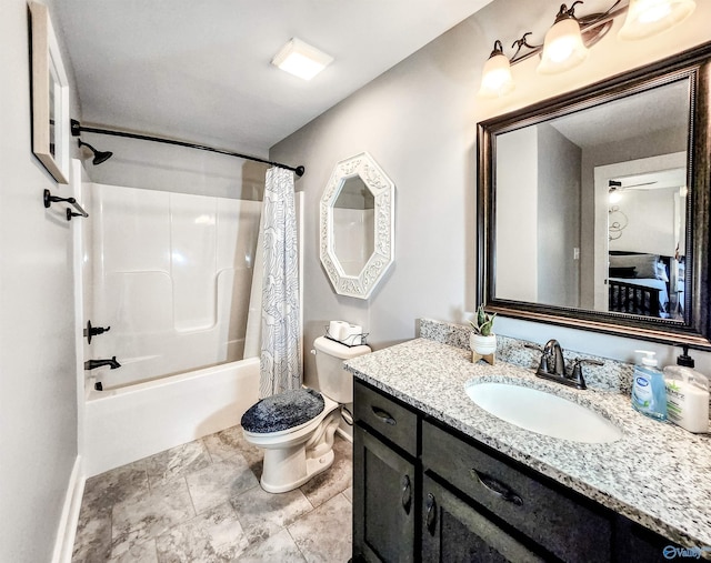 full bathroom featuring toilet, vanity, and shower / bathtub combination with curtain