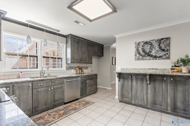 kitchen with tasteful backsplash, dishwasher, sink, dark brown cabinetry, and crown molding