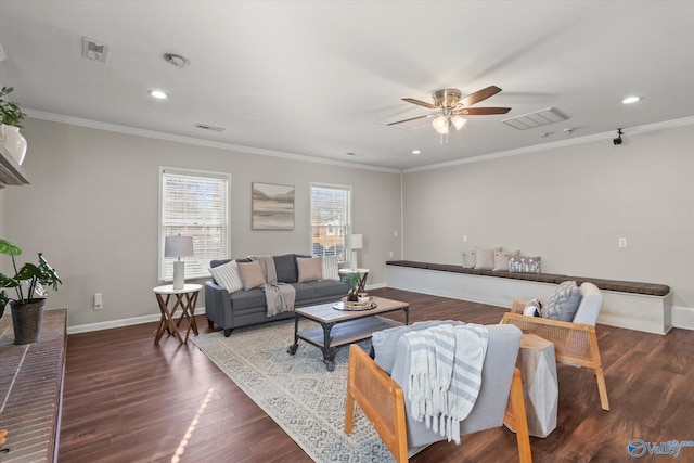 living room featuring ornamental molding, ceiling fan, and dark hardwood / wood-style flooring