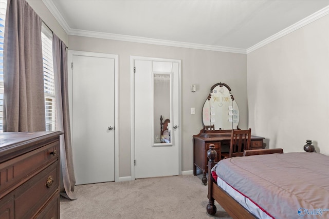 bedroom featuring crown molding and light carpet