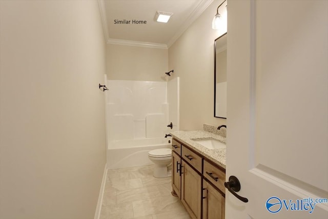 full bathroom featuring washtub / shower combination, toilet, crown molding, vanity, and tile patterned flooring