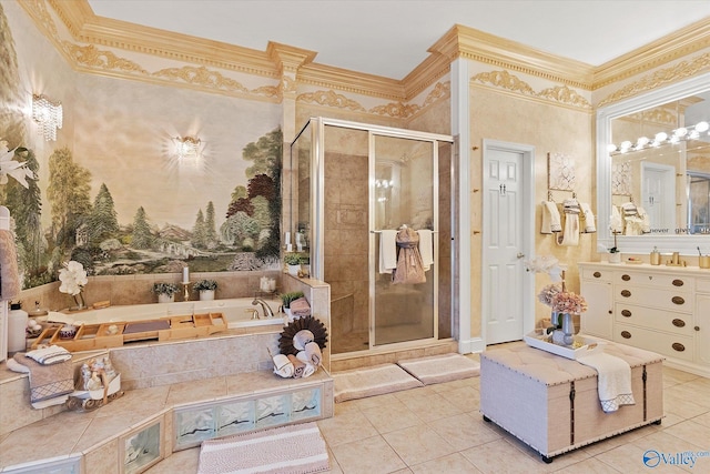 full bathroom with a garden tub, crown molding, a stall shower, vanity, and tile patterned floors