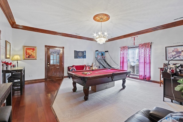 playroom featuring pool table, visible vents, ornamental molding, wood finished floors, and baseboards