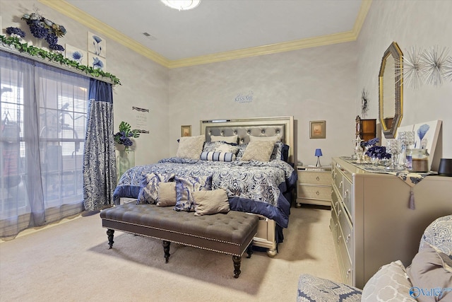 bedroom with ornamental molding, carpet flooring, and visible vents