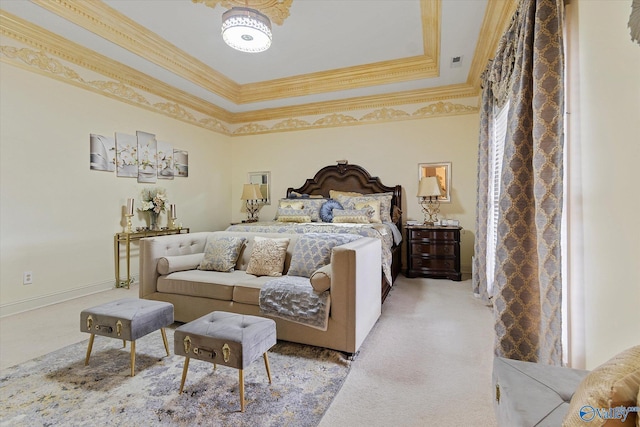 bedroom featuring a tray ceiling, baseboards, crown molding, and light colored carpet