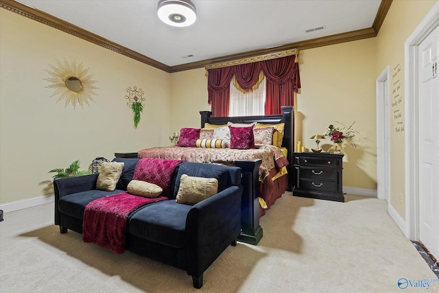bedroom with baseboards, carpet, visible vents, and crown molding