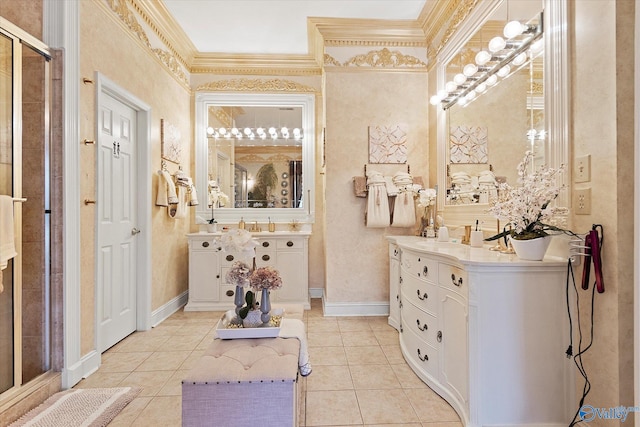 full bathroom with tile patterned flooring, two vanities, crown molding, and baseboards