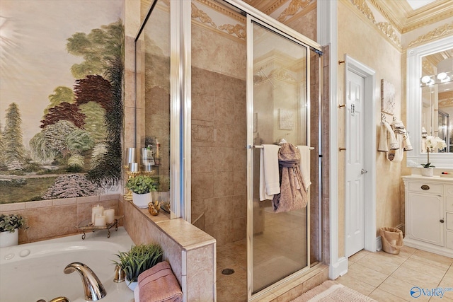 full bath with tile patterned flooring, vanity, a shower stall, a bath, and crown molding
