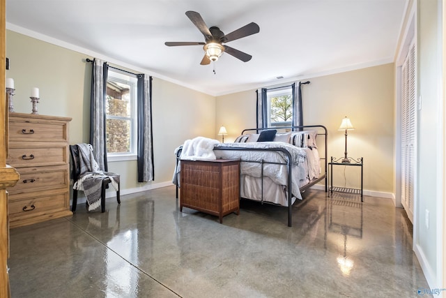 bedroom with ceiling fan and crown molding